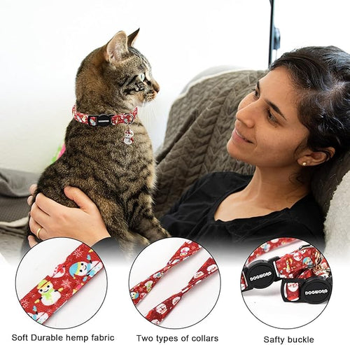 2 Pack Christmas Cat Collars Breakaway with Bell, DOGWONG Safety Buckle Santa Claus Christmas Tree Cute Cat Collar for Girl Boy Cats，Adjustable 7-12 Inch