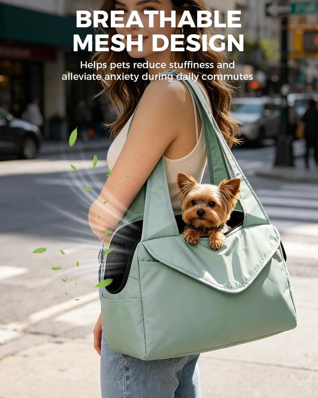Lightweight Dog Purse with Large Pockets for Small Dogs up to 8 lb | Stylish, Soft-Sided Small Dog Carrier with Safety Buckle and Breathable Anti-Scratch Mesh for Travel, Sage Green