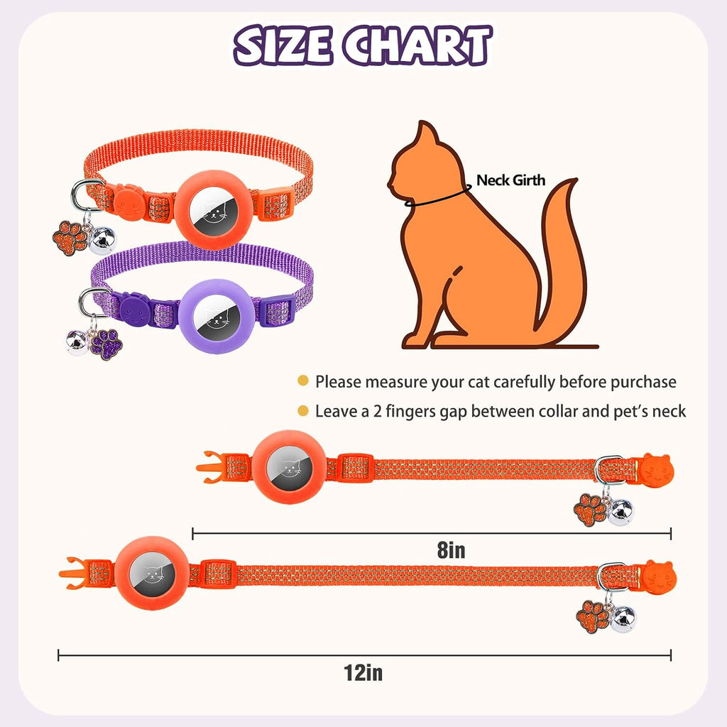 PUPTECK AirTag Cat Collar Breakaway with Bells, Adjustable Kitten Collar | Outfit for Girl Boy Small Pet Puppy Bunny, Cute Costume Accessory with Safety Release Buckle, (Airtag-Orange&Purple)