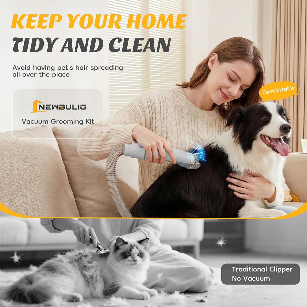 NEWBULIG Pet Grooming Vacuum Kit for Cats and Dogs, 2.5L Dust Cup | 3 Suction Modes and 5 Groomer Tools, Dog Clippers with Cordless Low Noise for Cats, Dogs Other Animals Hair Trimmer, Gray