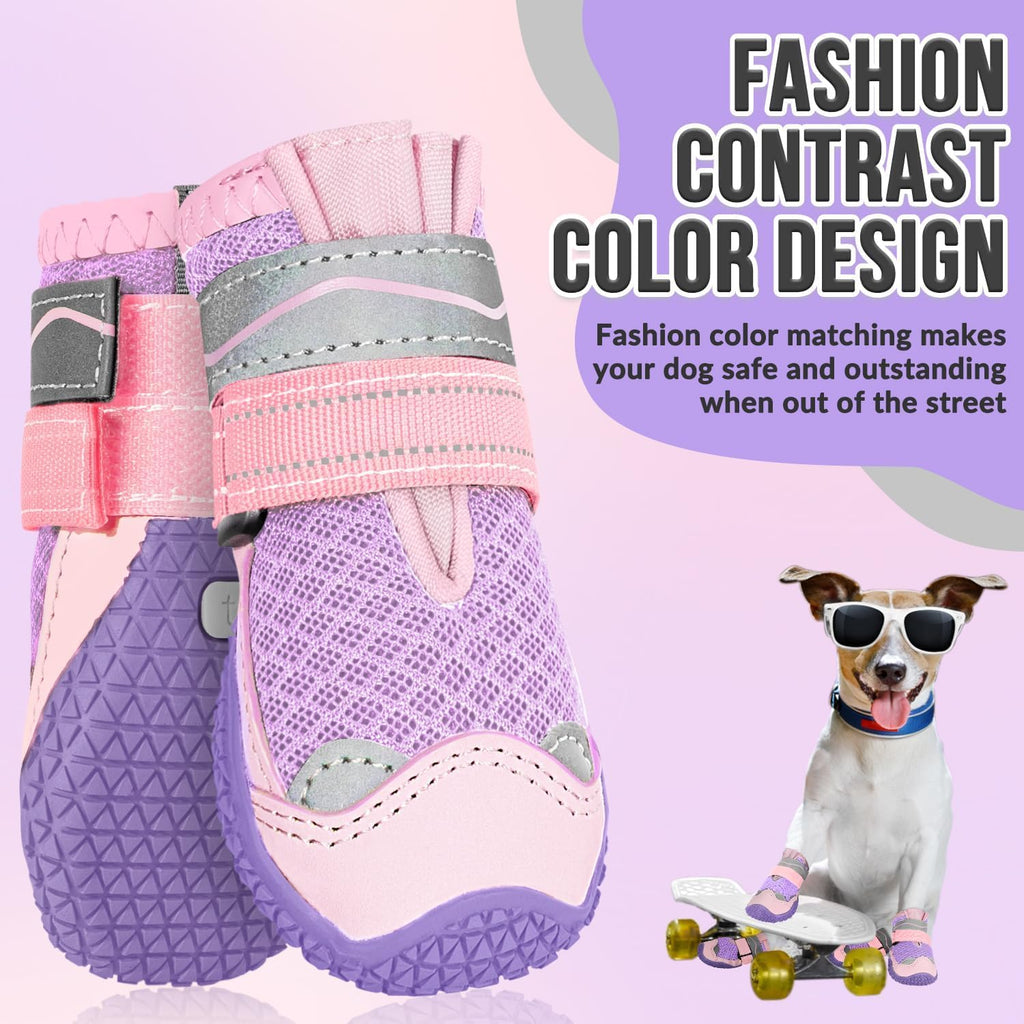 SlowTon Dog Shoes for Large Small Medium Dogs - Breathable Dog Boots | for Summer Hot Pavement, Paw Protector for Outdoor Walking Winter Snow, Anti-Slip Rubber Booties for Hardwood Floor, Pink 3