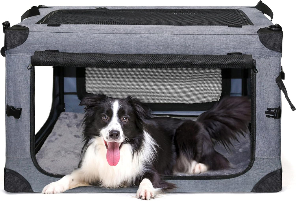 NEZUC Collapsible Dog Crates for Large Dogs Portable Soft Sided Travel Dog Carrier for Indoor & Outdoor, 4-Door Foldable Pet Kennel with Durable Mesh Windows (Gray, 24.0" L x 17.0" W x 17.0")
