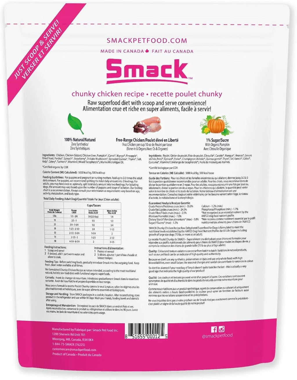 Smack Pet Food Organic Raw Dehydrated Dog Food Grain-Free, Gluten-Free, Raw Food for Dogs (Chunky Chicken, 5.5 Pound)