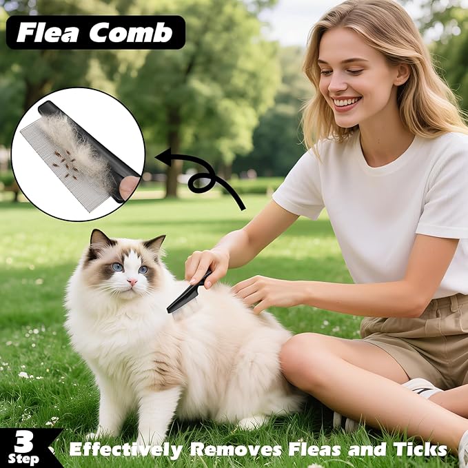 3PCS Self Cleaning Slicker Brush & Pet Grooming Rake & Flea Comb for Dogs,Cats and Horses | Double-Sided Dematting Comb & Skin Friendly Deshedding Grooming Tool (Red Black)