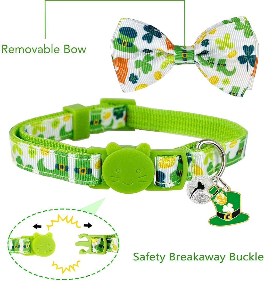 St. Patrick's Day Cat Collar with Bow Tie and Bell, Adjustable Breakaway Shamrock and Rainbow Kitty Collar, Holiday Accessories for Cats and Kittens, Boys and Girls