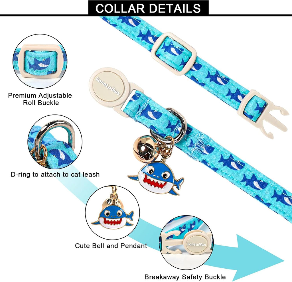 Lionet Paws 2pcs Pack Summer Cat Collar,Breakaway Buckle with Blue Shark and Pink Watermelon Pendant Cute Adjustable Cat Kitten Collar,Ideal for Girl Boy Cats