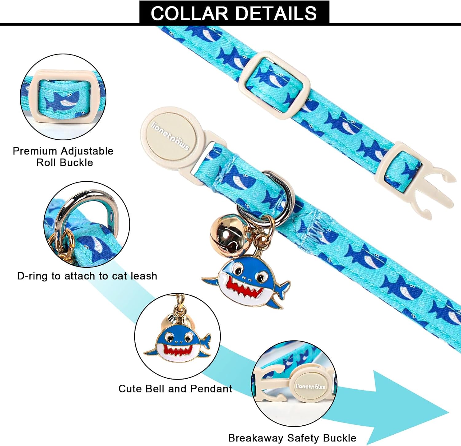 Lionet Paws 2pcs Pack Summer Cat Collar,Breakaway Buckle with Blue Shark and Pink Watermelon Pendant Cute Adjustable Cat Kitten Collar,Ideal for Girl Boy Cats