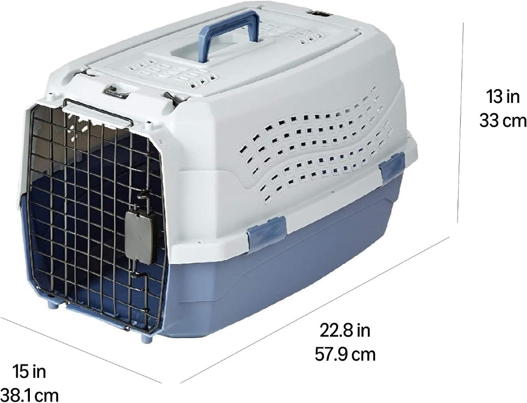 Amazon Basics Sturdy Portable 2-Door Top-Load Hard-Sided Pet Travel Carrier with Secure Ventilation, Handle, Front & Top Entry for Dogs, Cats, 22.8"L x 15"W x 13"H, Gray & Blue