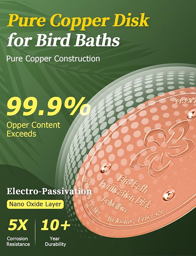 Mellbree 2-Pack Bird Bath Copper Disk, 0.6mm Reinforced 99.99% Pure Copper Cleaning Disk with Triple-Point Support for Physical Safe Clean Water, Universal Fit for Outdoor Birdbaths, Bowl (Flower)
