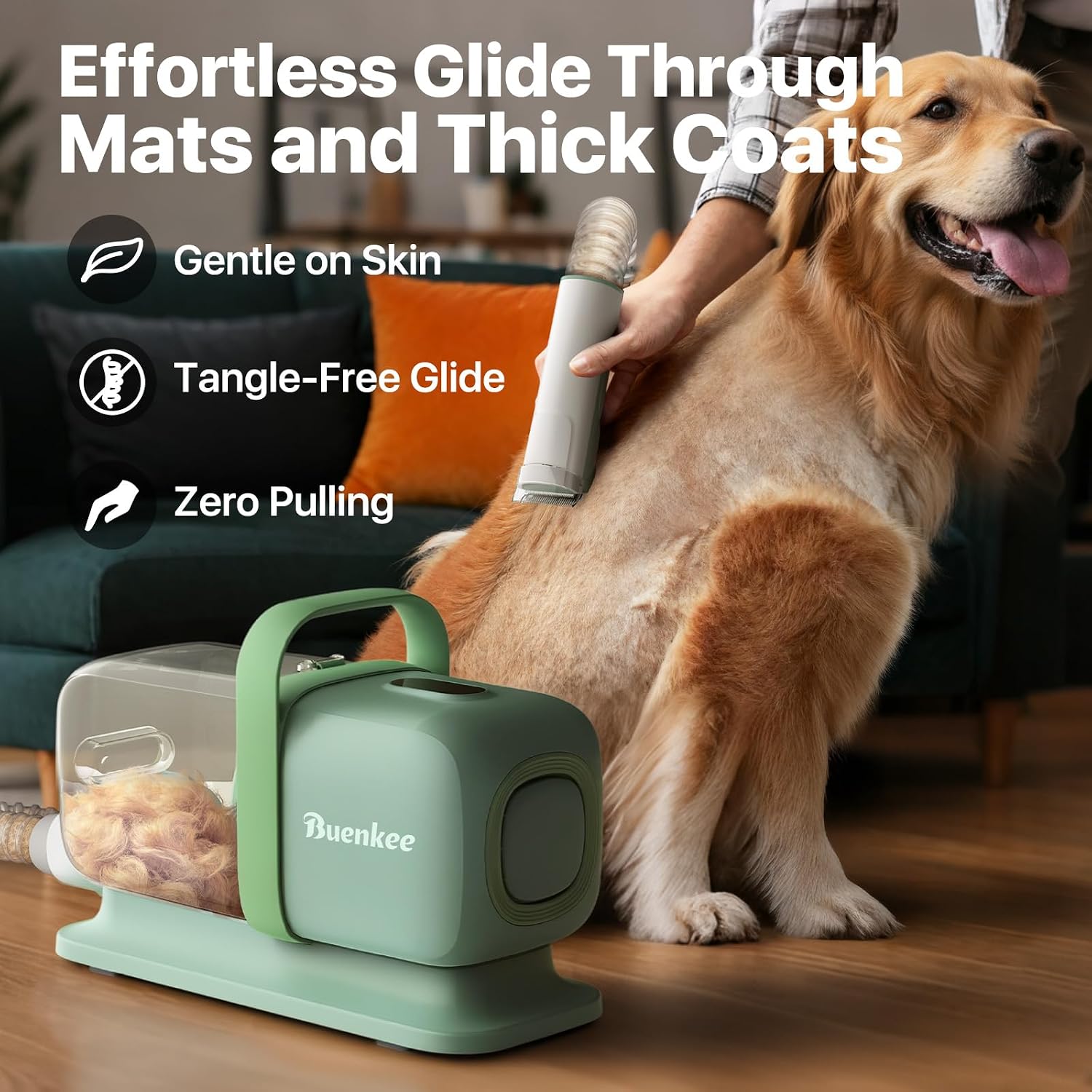 Buenkee Dog Grooming Vacuum Kit, 15000Pa Clipper, Shedding Brush, 2L, Green | Brush, trim and deshed at home with less flying fur, mess-control suction and fewer emptying breaks during longer sessions