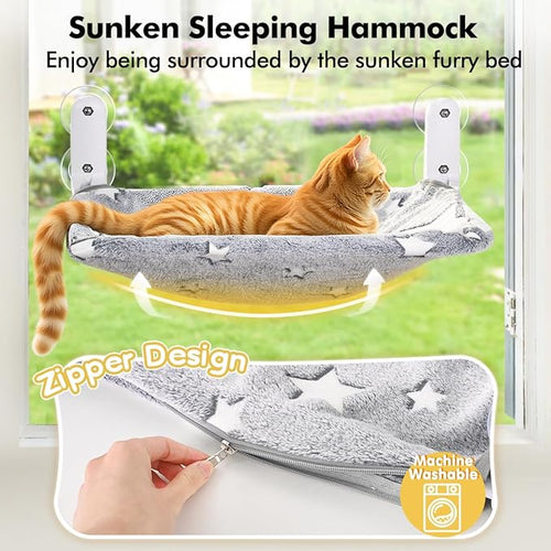 2PC Cat Window Perch, Glow in The Dark Cordless Foldable Pet Hammock Bed for Window with Sturdy Metal Frame, Glowing Stars Pattern Resting Seat for Indoor Cats (2PC Stars - L)
