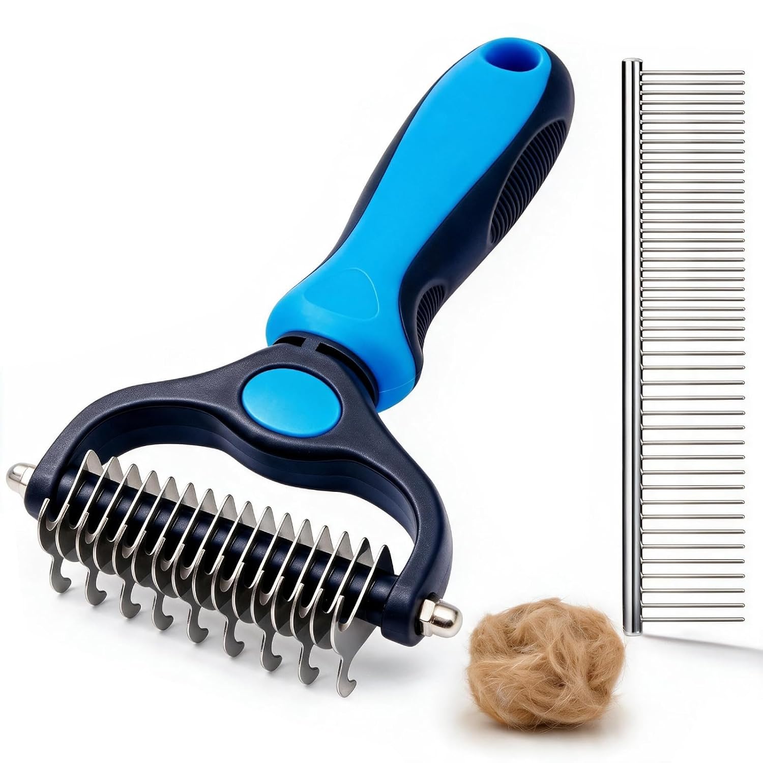 Pet Grooming Comb Set, Double-Sided Dematting Comb & Deshedding Brush with 2-in-1 Metal Comb for Dogs & Cats, Undercoat Rake for Heavy Shedding, Detangling Long Hair & Thick Coats, Blue