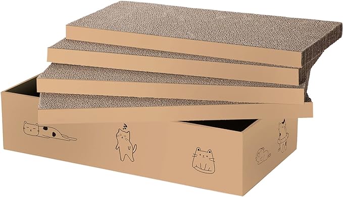 4 Packs in 1 Cat Scratch Pad with Box, Cat Scratcher Cardboard,Reversible,Durable Recyclable Cardboard, Suitable for Cats to Rest, Grind Claws and Play with Scratch Box