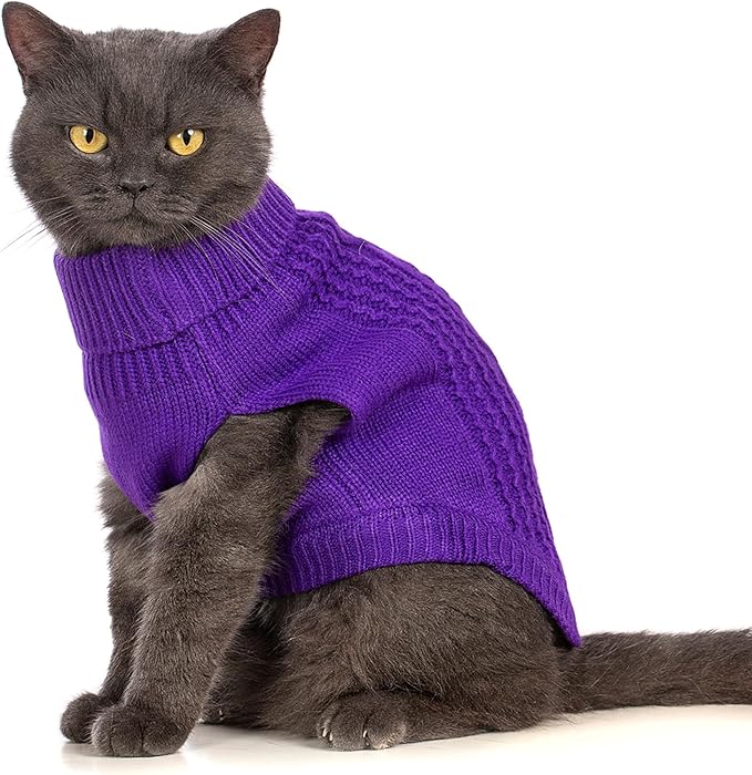 Stretchy Cat Sweater - 17 Colors & 6 Sizes | Snug Winter-Ready Knit for Boy/Girl Cats & Kittens(Deep Purple, Medium)