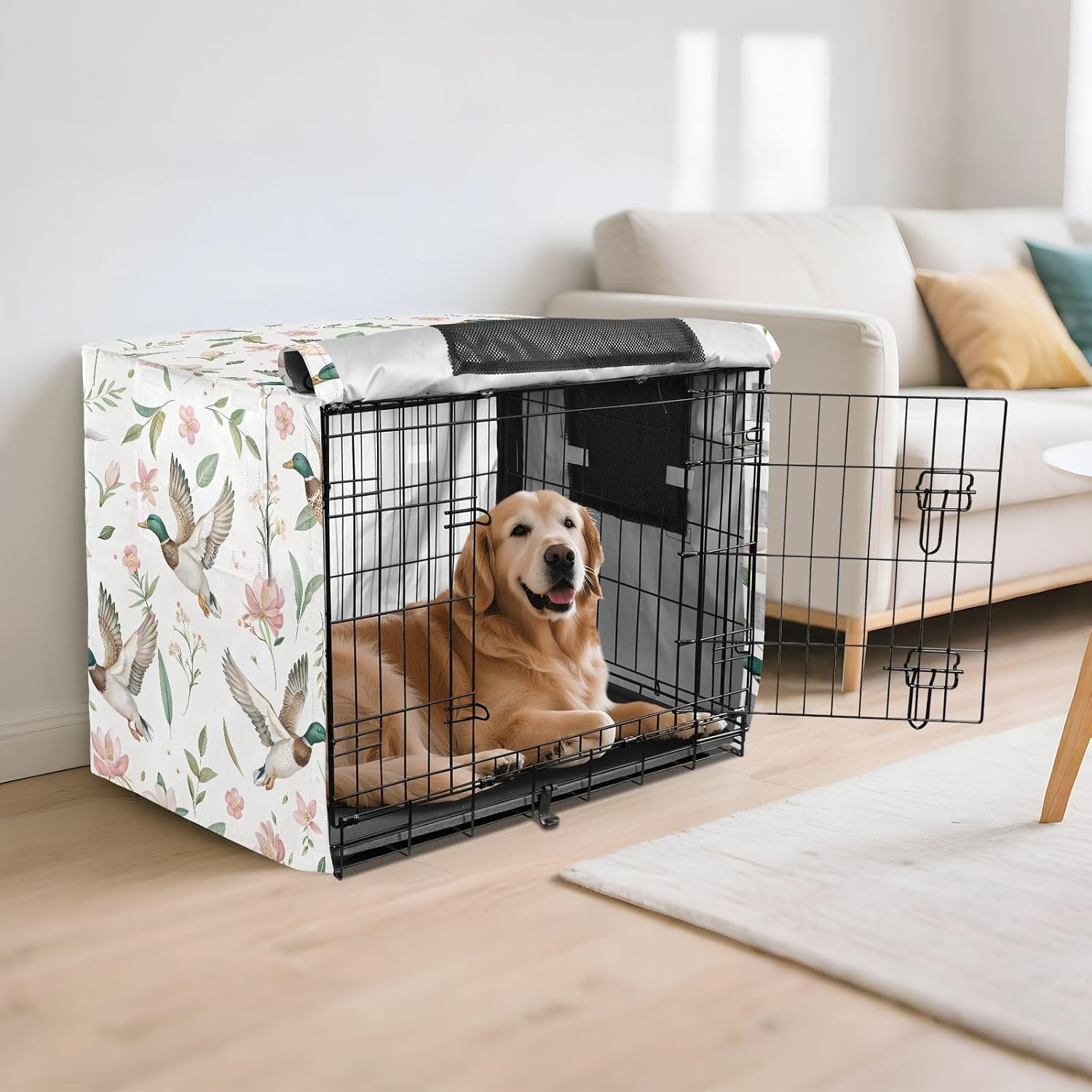 Mallard Ducks Dog Crate Cover 600D Oxford Heavy Duty Kennel Cover Mesh Window Soundproof Waterproof Sunshade Universal Fit for 42 inches Wire Cage