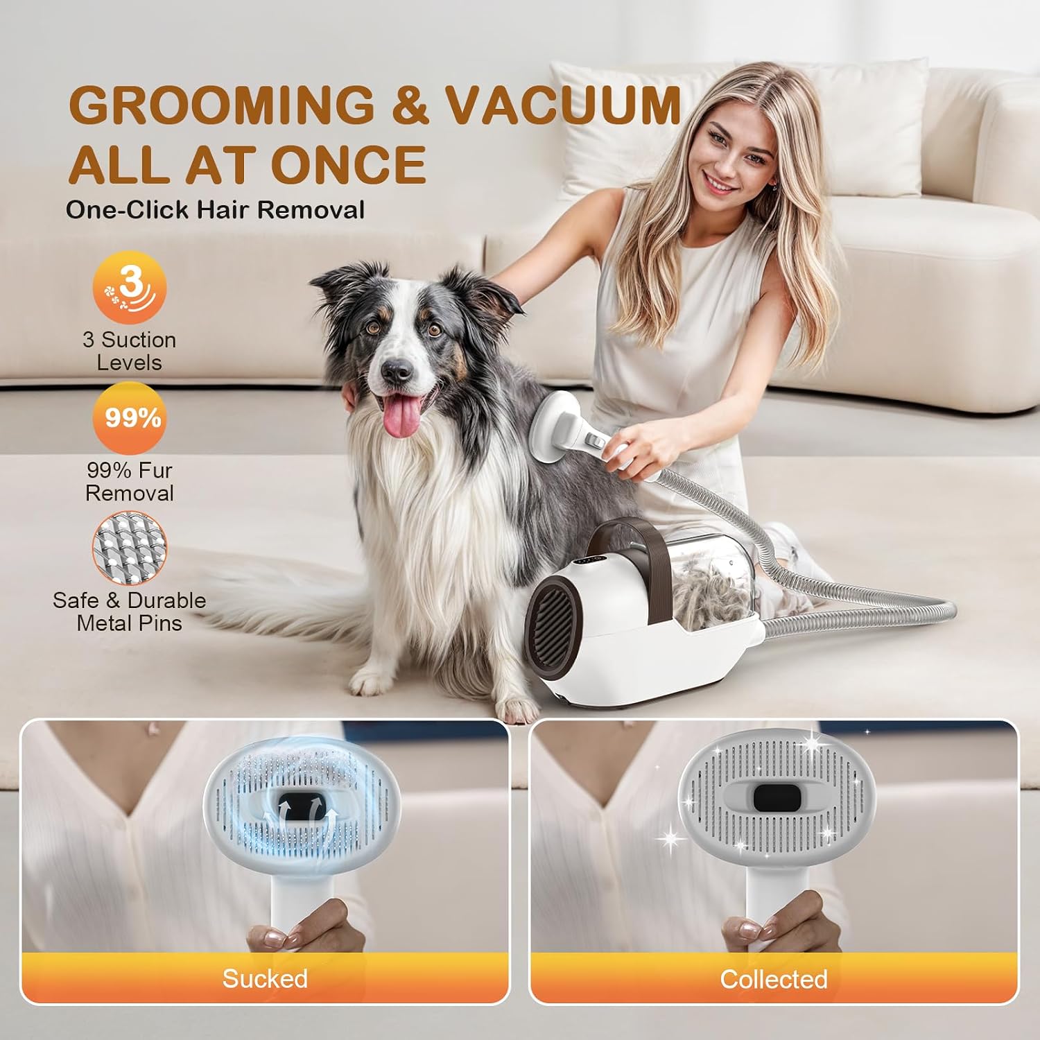Dog Grooming Vacuum, Dog Grooming Kit with Pet Clipper Nail Grinder, 6 Pet Grooming Tools（Mahogany）