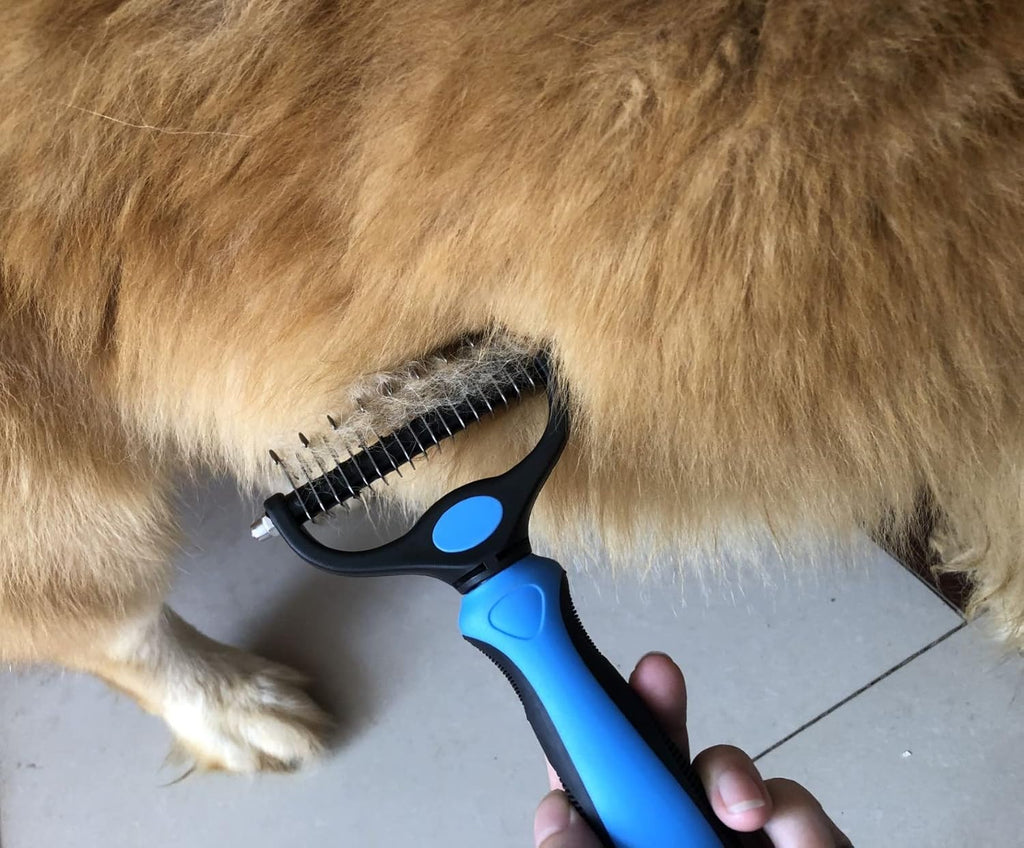 Pet Grooming Brush & Nail Clippers Trimmers - Double Sided Shedding and Dematting Undercoat Rake Comb for Dogs and Cats - Safe Dematting Comb for Easy Mats & Tangles Removing (Blue), Large