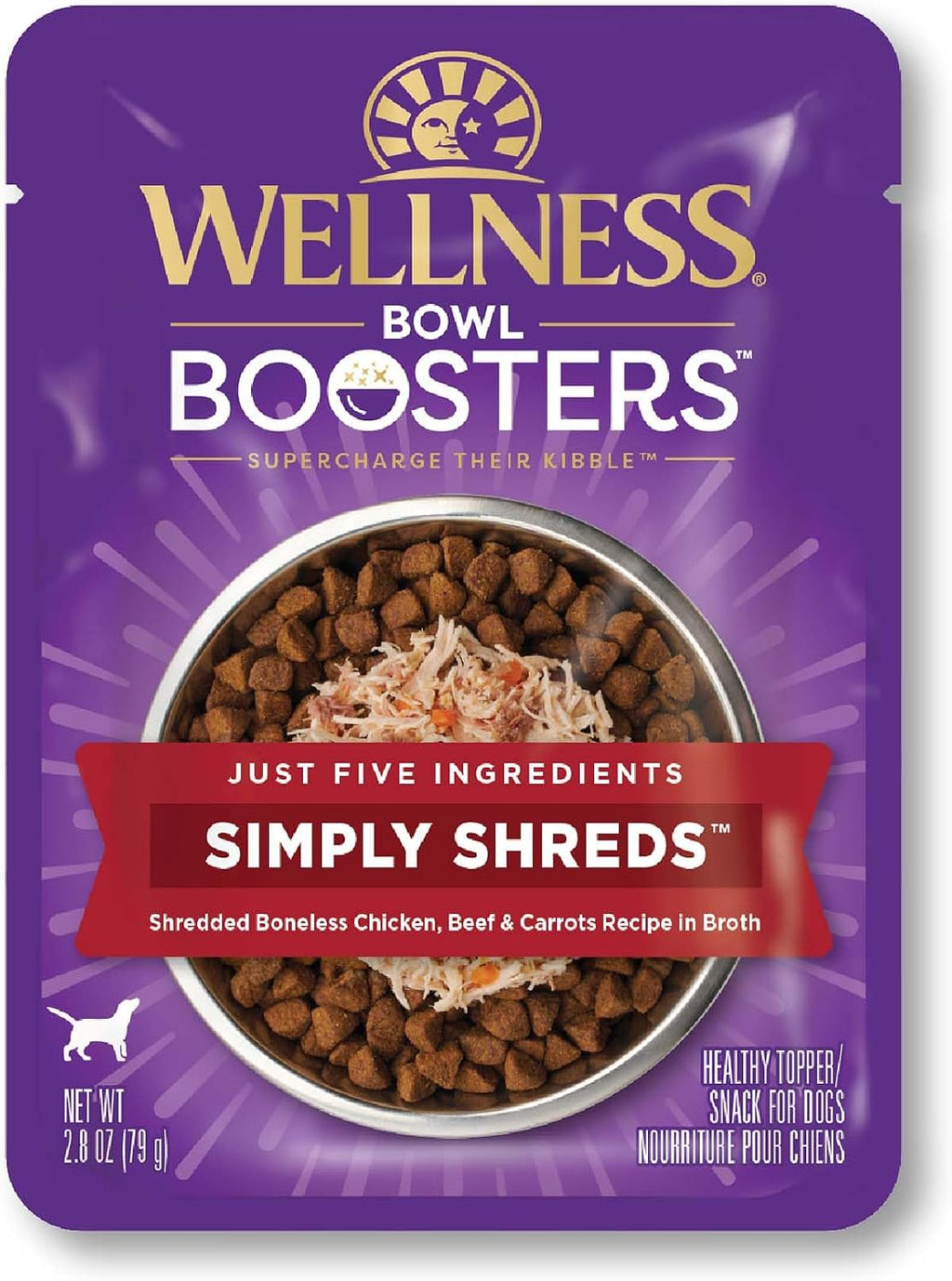 Wellness Bowl Boosters Simply Shreds Wet Dog Food Topper for Small, Medium, and Large Breeds, Grain Free, Natural, Beef and Carrots Recipe, 2.8 oz, Pack of 12 Pouches