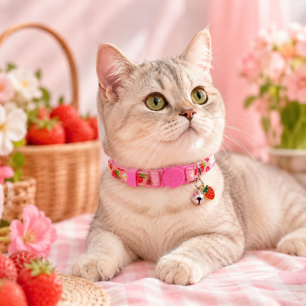 Summer Cat Collar 2 Pack Strawberry Bee Breakaway Cat Collars with Bell & Charm, Adjustable 7.8-12.8 in Soft Cute Kitten Collars for Cats Kittens
