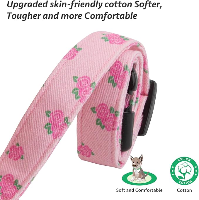 Cotton Handmade Dog Collar Cute and Distinctive Patterns Pink Rose with Pendant for Girl Boy Dogs Collars L
