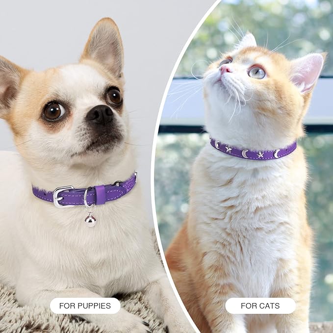 Leather Cat Collars for Boy Girl Cats with Bell and Safety Elastic Belt, Personalized Star and Moon Stud Adjustable Safe Buckle Collar for Kitty Small Big Cats Size 8-12 Inch, Purple