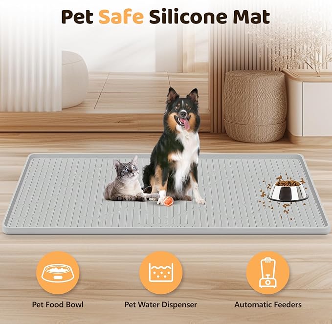 Silicone Cat & Dog Food Mat, 46" x 32" Extra Large Pet Feeding Mat for Cats and Dogs Bowl, Pet Placemat for Food and Water with Raised Edge, Waterproof, Leakproof (Grey)