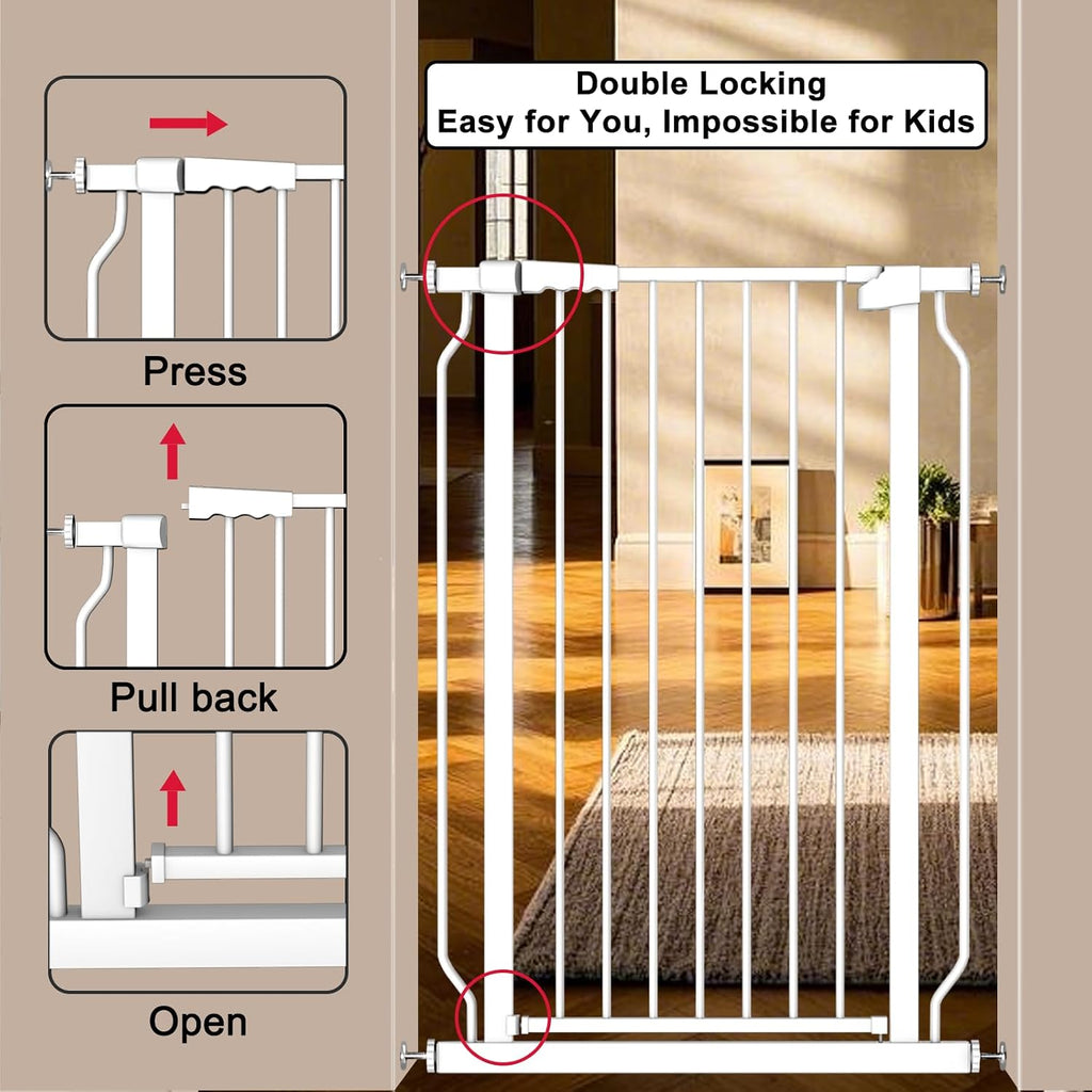 Extra Tall Baby and Dog Gate, 40.55" H, 57.48"-73.62" W, White | Extra tall baby and dog gate with pressure mount, auto close, stay-open function, dual lock and one-hand adult access.