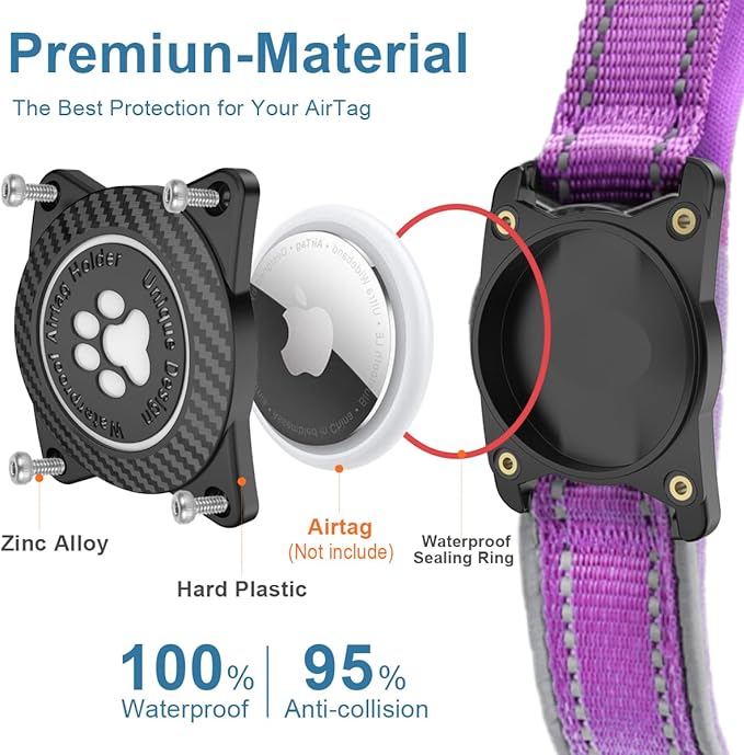 Airtag Dog Collar with Waterproof Air Tag Holder, Luminous Reflective, Soft Padded, Adjustable Nylon Pet Collar for Small Medium Large Heavy Duty Dogs,Purple, S