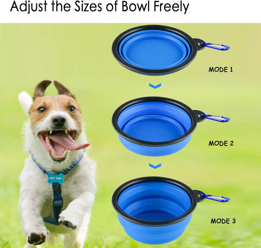 Collapsible Silicone Dog Bowls, 3-Pack Travel Pet Food Water Bowls | Orange, green & blue. 5.1 in wide, 2.1 in tall, folds to 0.5 in. Holds 12 oz water or 1.5 cups food. Includes ID tag.