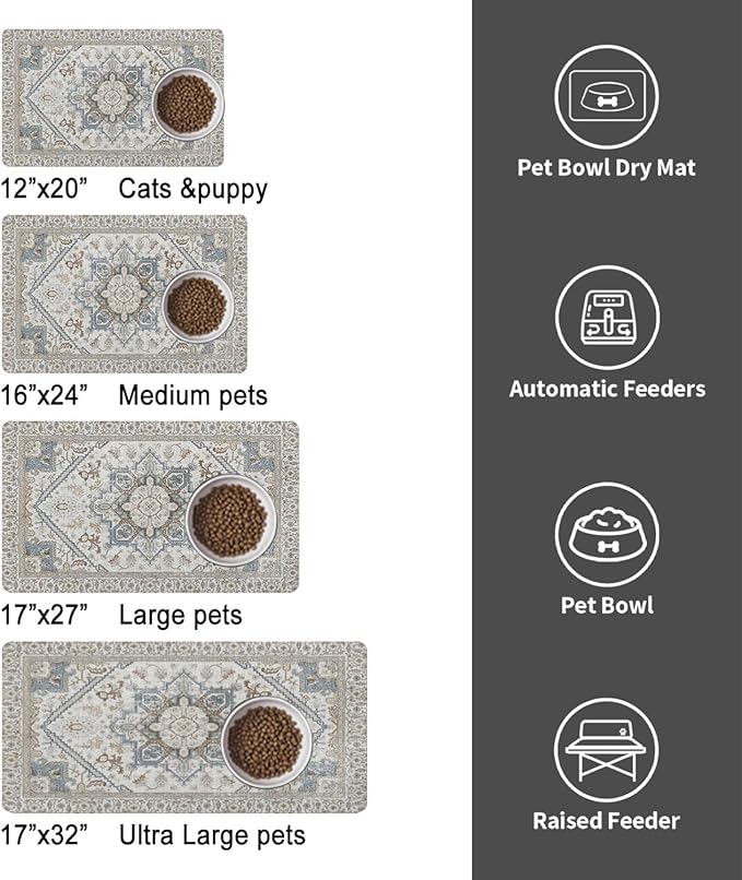 Dog Food Mats for Floors, Absorbent and Quick-Drying Pet Cat Food Mat,Anti-Fouling and Easy-to-Clean Pet Feeding Mat,Dog Bowl Mat for Messy Drinking Water Bowls.16 x24, Bohemia Style