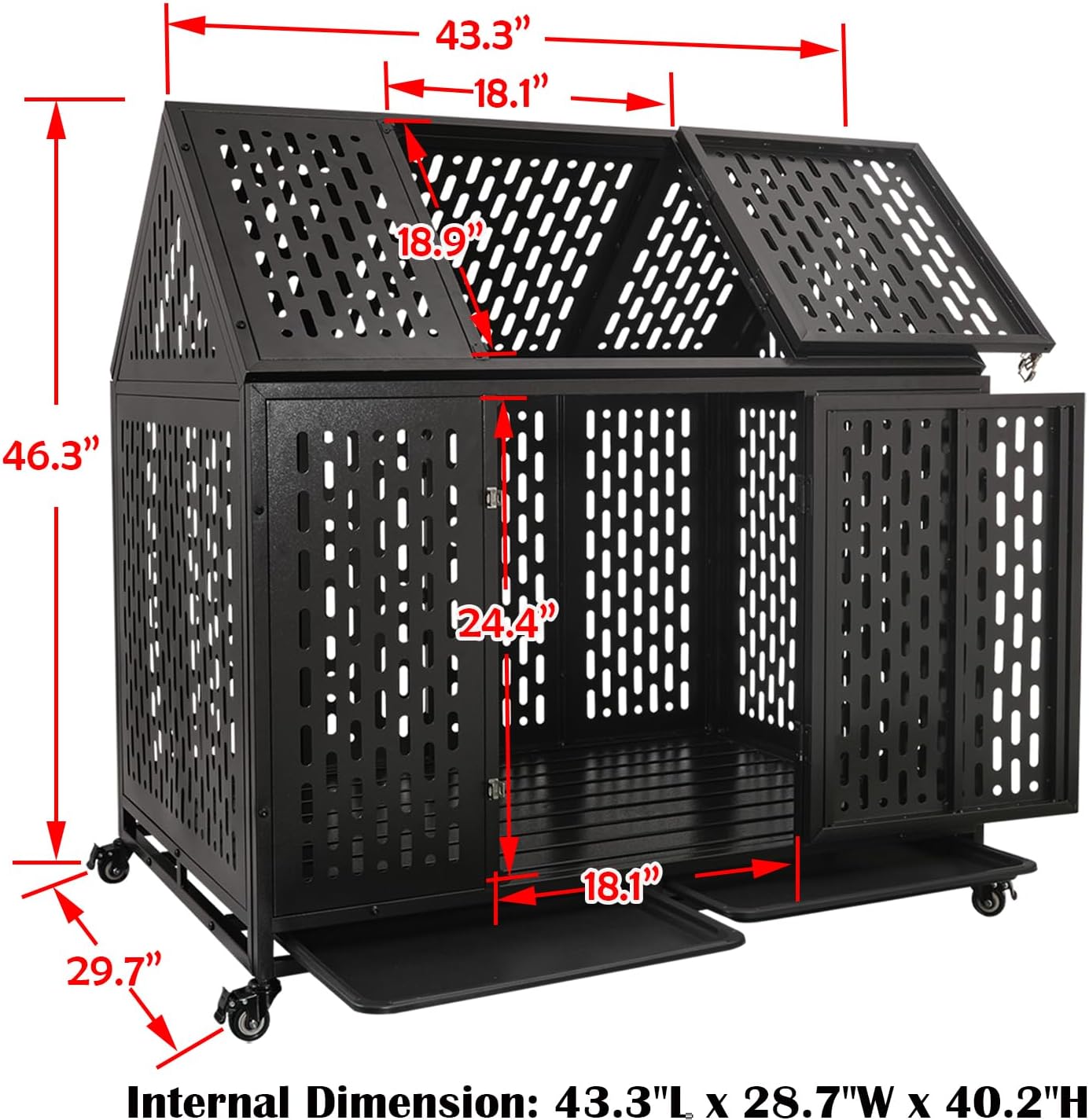 44 Inch Heavy Duty Indestructible Dog Crate with Wheels, Steel Escape-Proof Indoor Double Door High Anxiety Cage, Durable Chew-Proof Kennel with Removable Tray for Large Medium Dogs