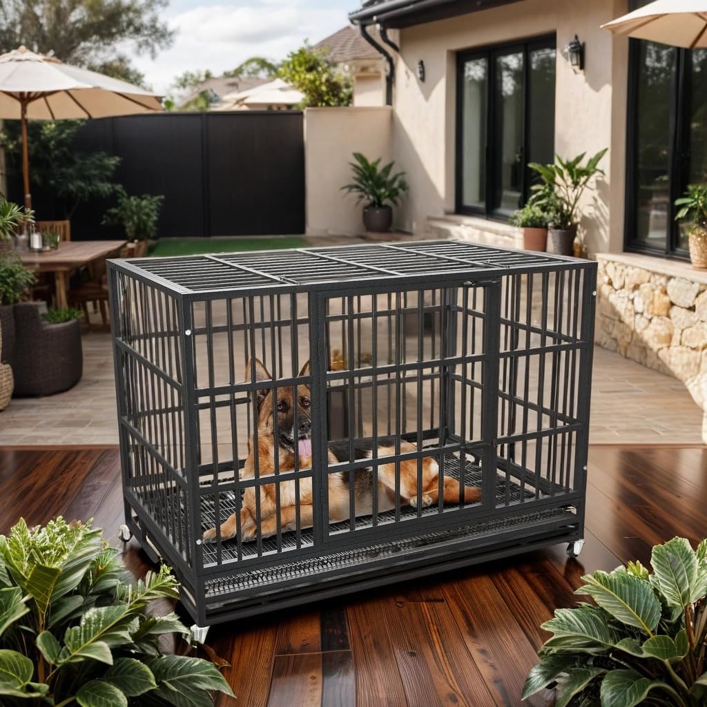 KOKOTANGS 42 Inch Heavy Duty Dog Crate Cage with Wheels, Indestructible and Escape Proof Steel Kennel Indoor for High Anxiety Dogs with Sturdy Locks, Double Door and Tray, Extra Large XL XXL, Black