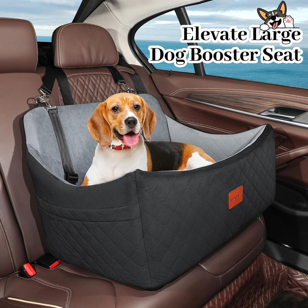 Wooaidagg Dog Car Seat for Medium & Large Dogs Up to 55lbs, Memory Foam Cushion, Washable Cover, Safety Straps & Non-Slip Base(Black/Grey,Large)