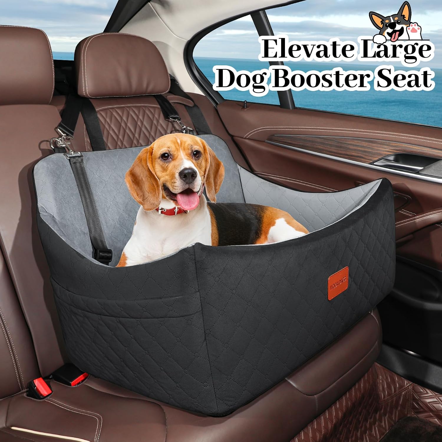 Wooaidagg Dog Car Seat for Medium & Large Dogs Up to 55lbs, Memory Foam Cushion, Washable Cover, Safety Straps & Non-Slip Base(Black/Grey,Large)