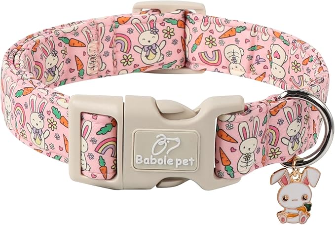 Easter Dog Collar for Medium Dogs - Pink Girly Bunny Dog Collars, Cute Girl Dogs Easter Collar, Adjustable Female Spring Holiday Pet Collars with Quick Release Buckle M