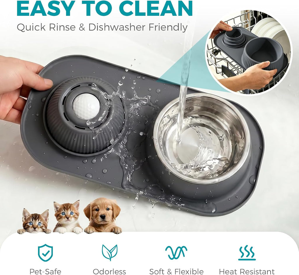 Dog Licking Bowl with Rolling Ball,Food and Water Bowl Set Slow Feeder | Spill proof & no tipping bowl mat features raised edge design to block splashes portable as travel dog bowls for outdoor trip