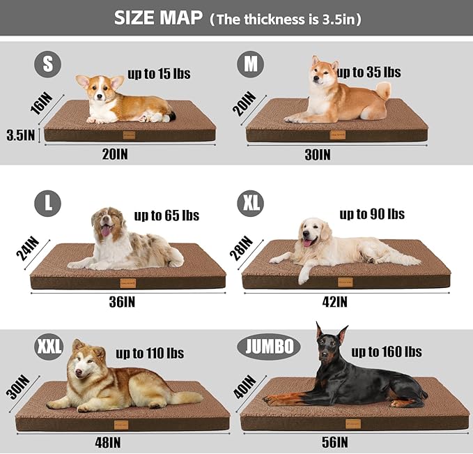 Patas Lague Orthopedic XL Dog Bed Large Sized Dog 48''X30'', Soft Waterproof Egg Crate Foam Large Pet Crate Beds Mat with Removable Washable Cover and Non-Slip Bottom, Brown
