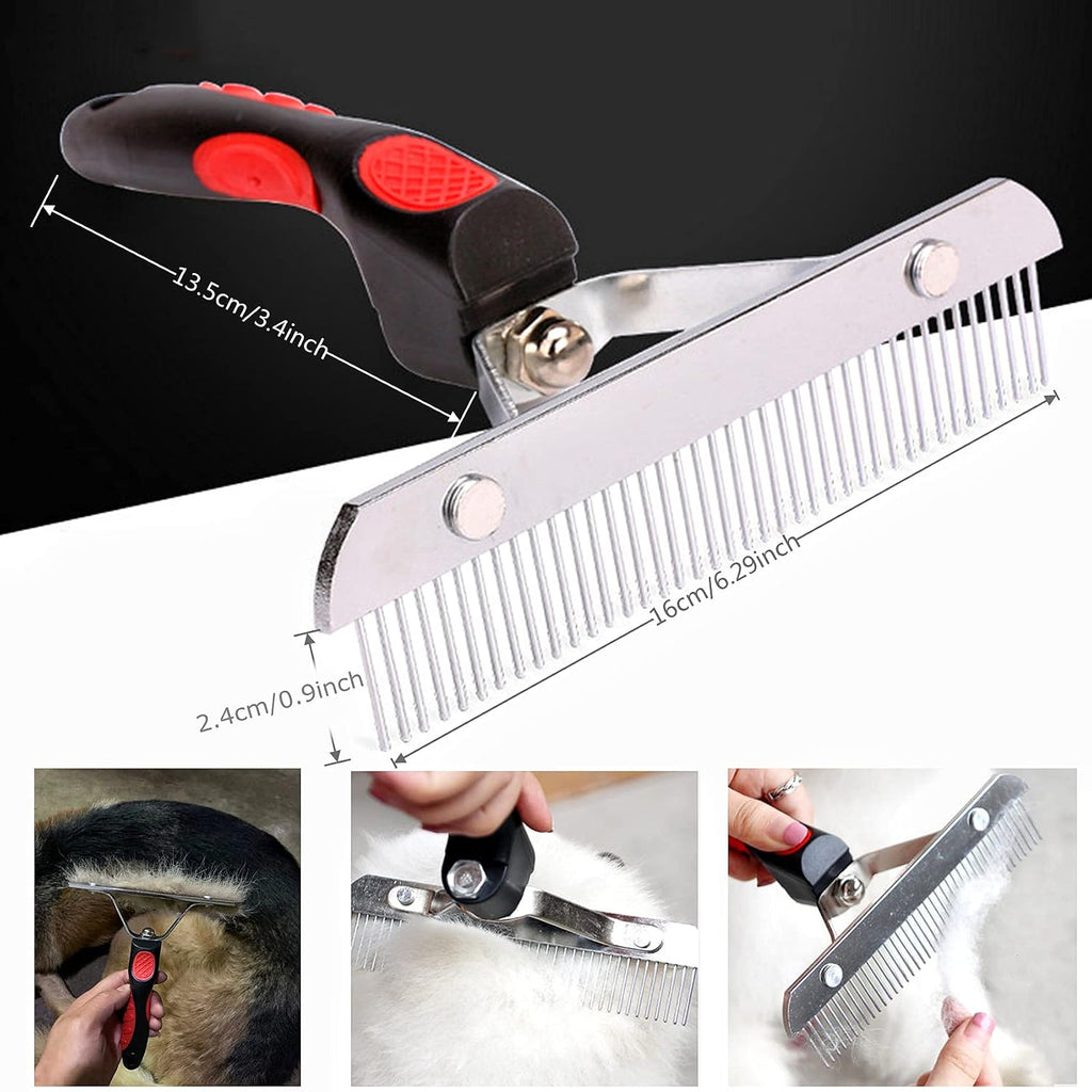 Undercoat Rake for Dogs,Long-haired Pet Grooming Shedding Brush with Handle | Heavy-Duty Rake Comb for Husky German Shepherd, Long Metal Comb Teeth, Silicone Anti-Slip Handle, Black and Red Color Scheme