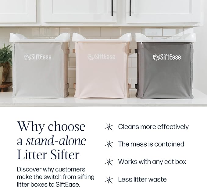 Cat Litter Sifter - SiftEase Litter Box Sifting, Fast & Easy Scoop Free Cleaner, Large Sifter with Bin for Longer Lasting Litter (Dark Grey)