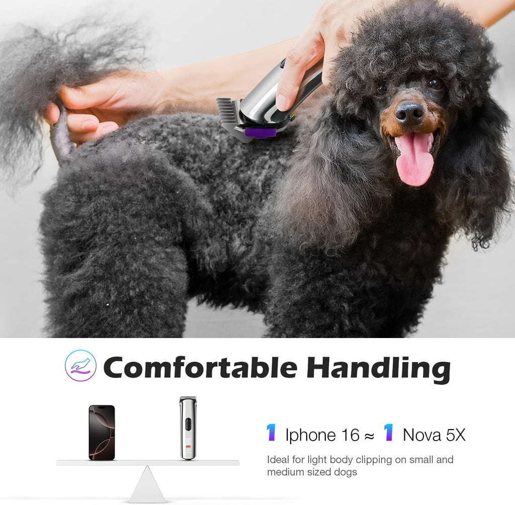 Professional Dog Grooming Clippers with Charging Dock, 5-in-1 Adjustable Blade Cordless Pet Grooming Kit 5 Speed Rechargeable Trimmer Hair Shaver with Detachable Metal Guide Combs for Animal