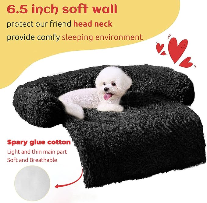 HACHIKITTY Calming Pet Sofa Bed Mat, Washable Plush Couch Cover for Dogs and Cats, Furniture Protector with Anti-Slip Bottom (30"x 27"x 6", Black)