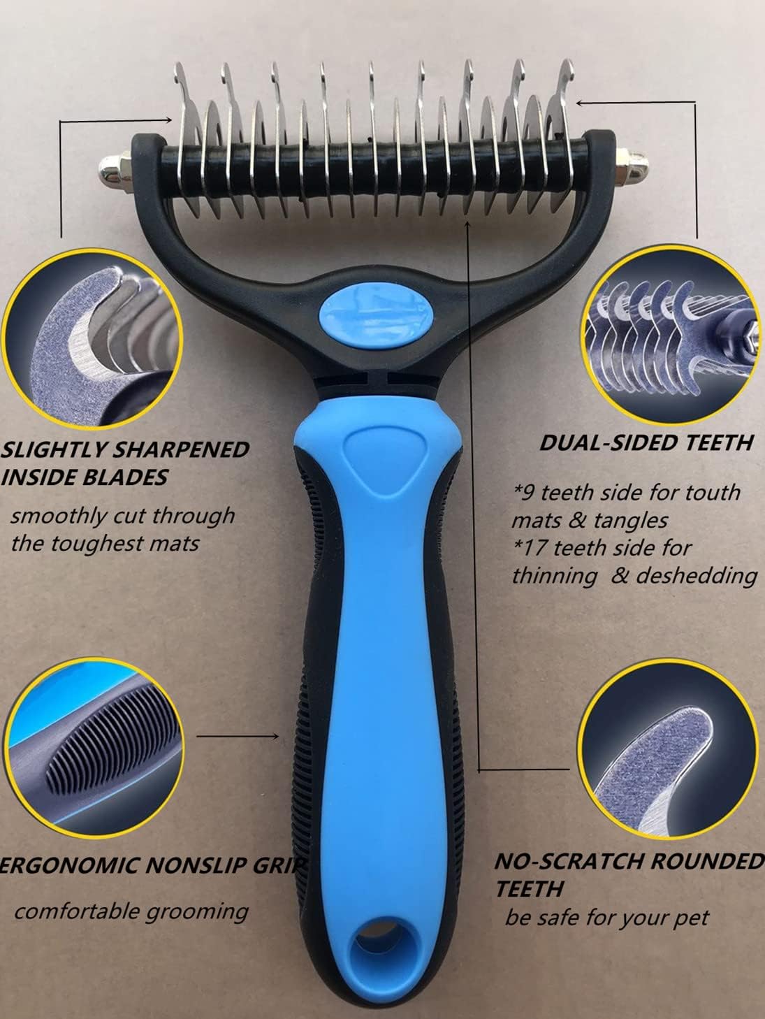Pet Grooming Brush & Nail Clippers Trimmers - Double Sided Shedding and Dematting Undercoat Rake Comb for Dogs and Cats - Safe Dematting Comb for Easy Mats & Tangles Removing (Blue), Large