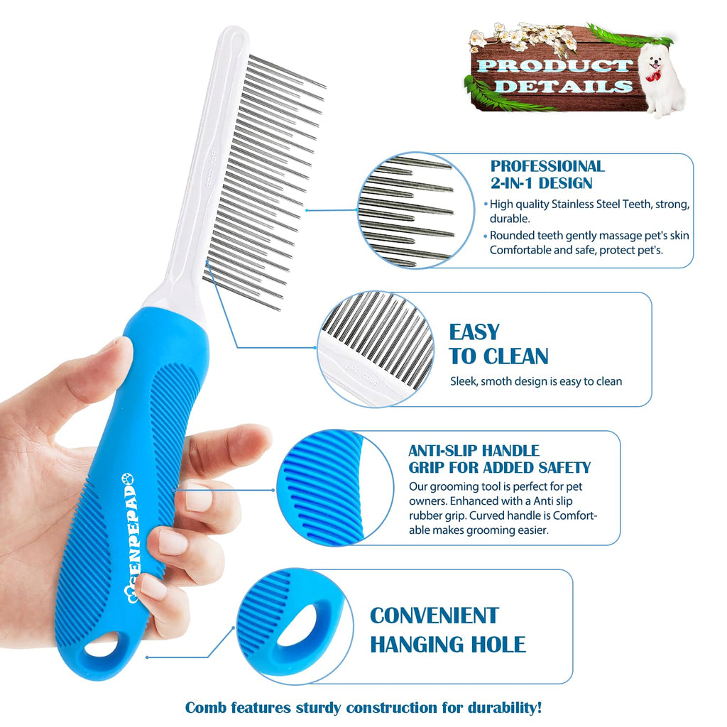 GENPEPADO Grooming Comb for Dogs and Cats with Long & Short Stainless Steel Metal Fine Teeth for Detangling Matted Hair - Pet Detangler Comb for Removing Tangles, Knots, Loose Fur from The Undercoat