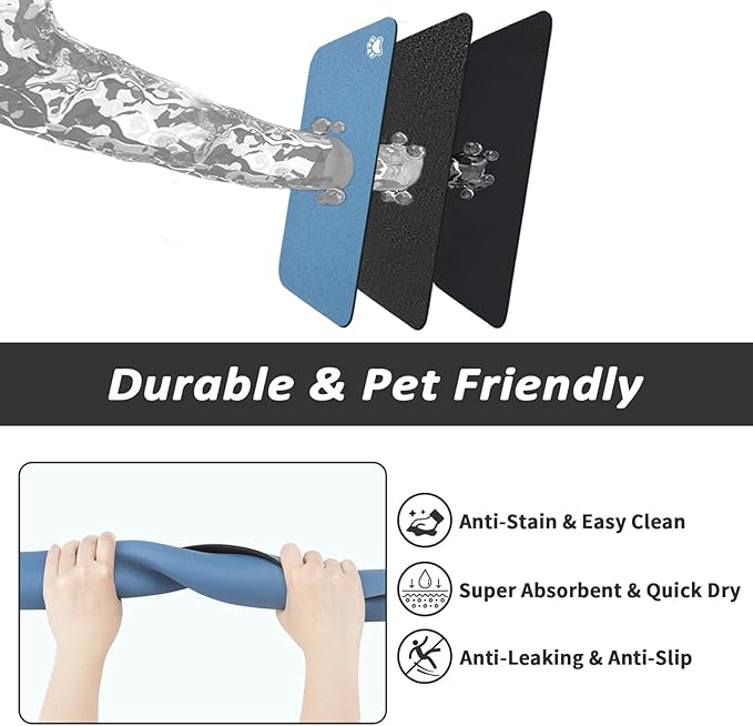 Dog Food Mat - Absorbent Cat Mat for Food and Water, No Stains Pet Feeding Bowl Mat, Easy to Clean Pet Placemats, Quick Dry Dog Water Dispenser Mat for Messy Drinkers | Paw Blue 16"x 24"