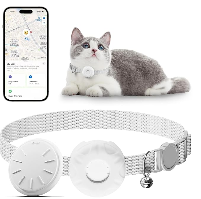 Cat GPS Tracker, Waterproof Pet Tracker for Cats, Cat Tracker Collar with Safety Elastic Buckle, Works with Any Collar,Compatible with Apple Find My App (Only iOS), No Monthly Fee, White