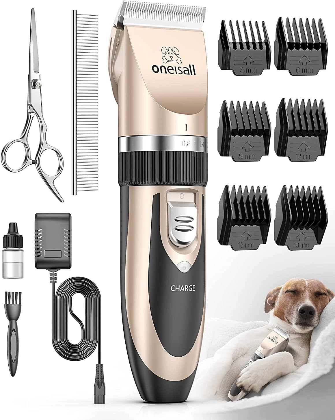oneisall Dog Clippers Grooming Kit for Dogs Cats Pets | Low Noise, Rechargeable Cordless, Long Battery Life, Simple for Beginners, 6 Guide Combs, Removable & Rinsable Blade