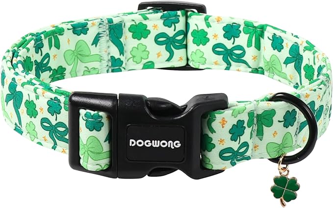 DOGWONG St Patrick's Day Dog Collar-Cute Green Clovers Dog Collar, Adjustable Cotton Shamrock Pet Collar Trefoil Puppy Collars with Quick Release Buckle,L