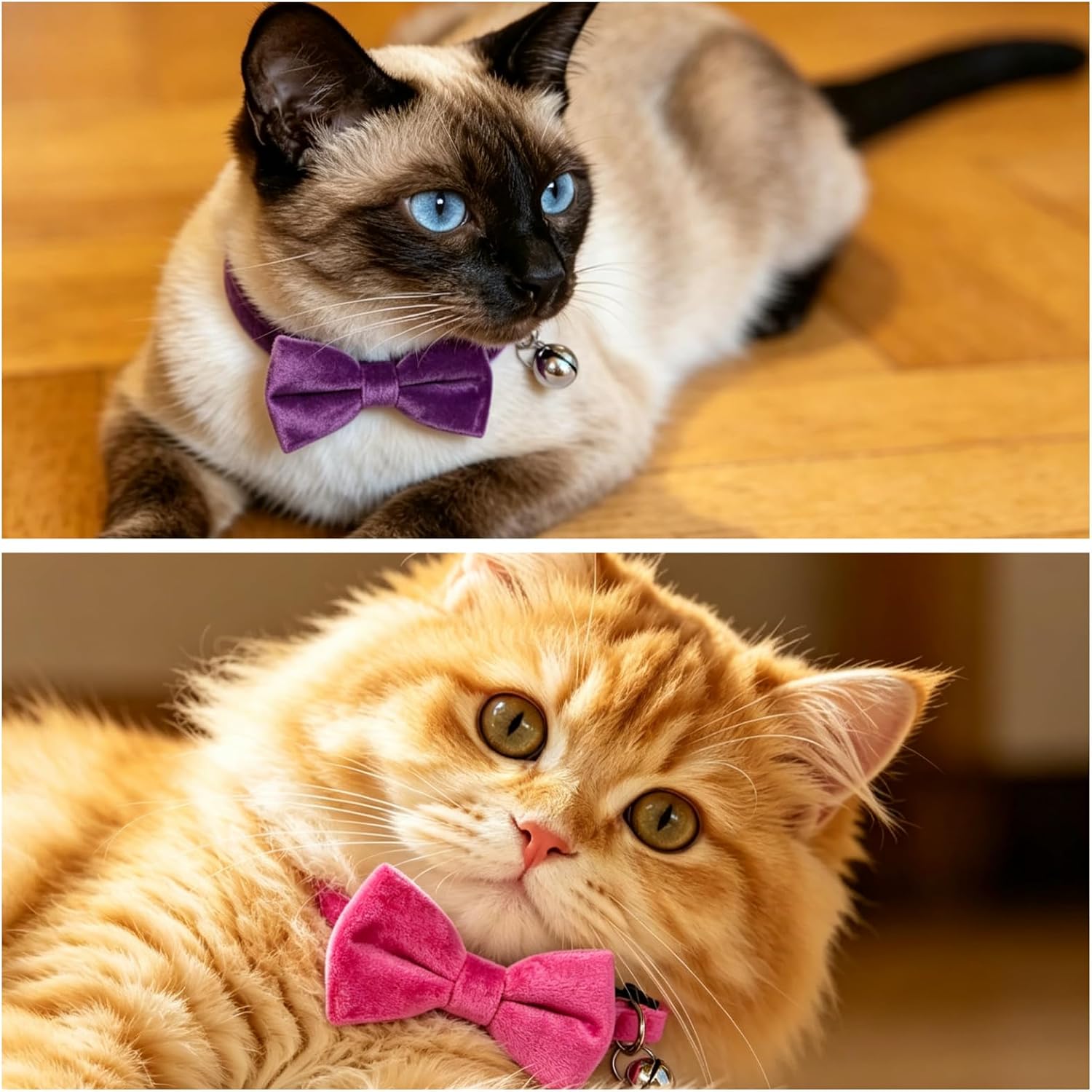 Cat Collar with Bells, Bow Tie Removable, Breakaway Safety Buckle, Soft Velvet Cute, Adjustable for Girl Boy Kitty Kitten Small Pets, 7"-10"