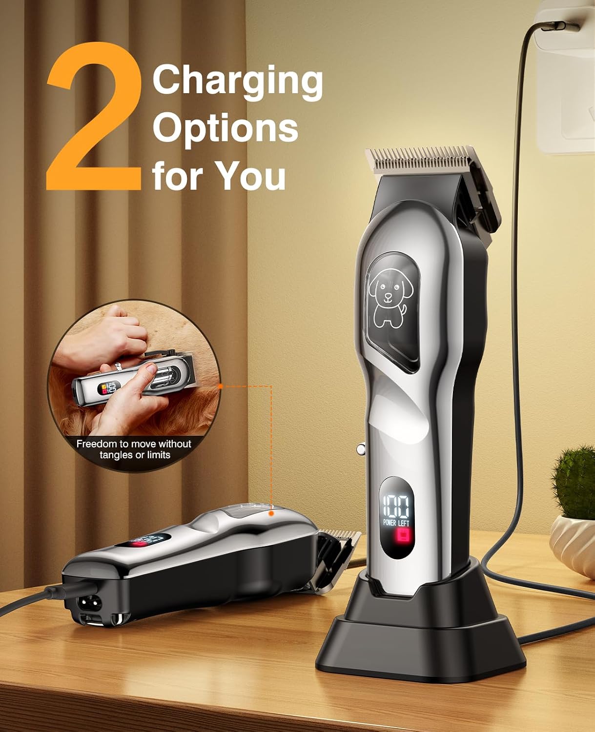Dog Clippers for Grooming, Dog Grooming Kit for Heavy Thick Hair, Low Noise Cordless Pet Hair Trimmer with Stainless Steel Blade, Professional Rechargeable Hair Trimmer for Dogs and Cats L-Sliver
