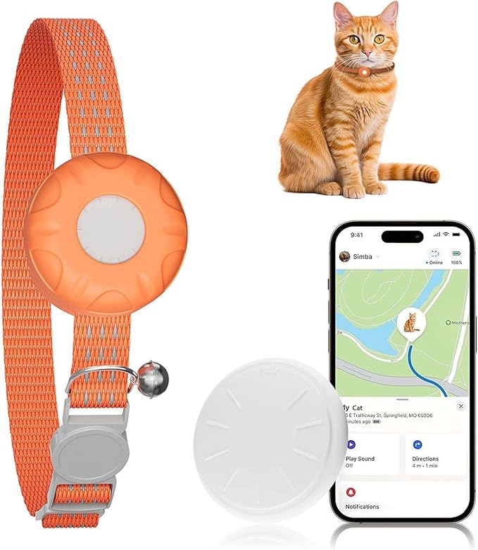 Cat Tracker, Lightweight Pet Tracker for Cats, Cat GPS Tracker Compatible with Apple Find My App(Only iOS), Real-Time Tracking, No Monthly Fee, Smart Alerts, Waterproof